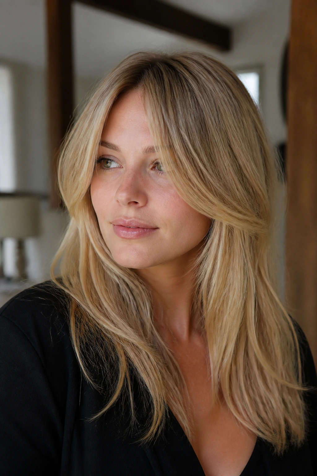 Three-quarter portrait of a real woman with Bardot bangs and long side panels