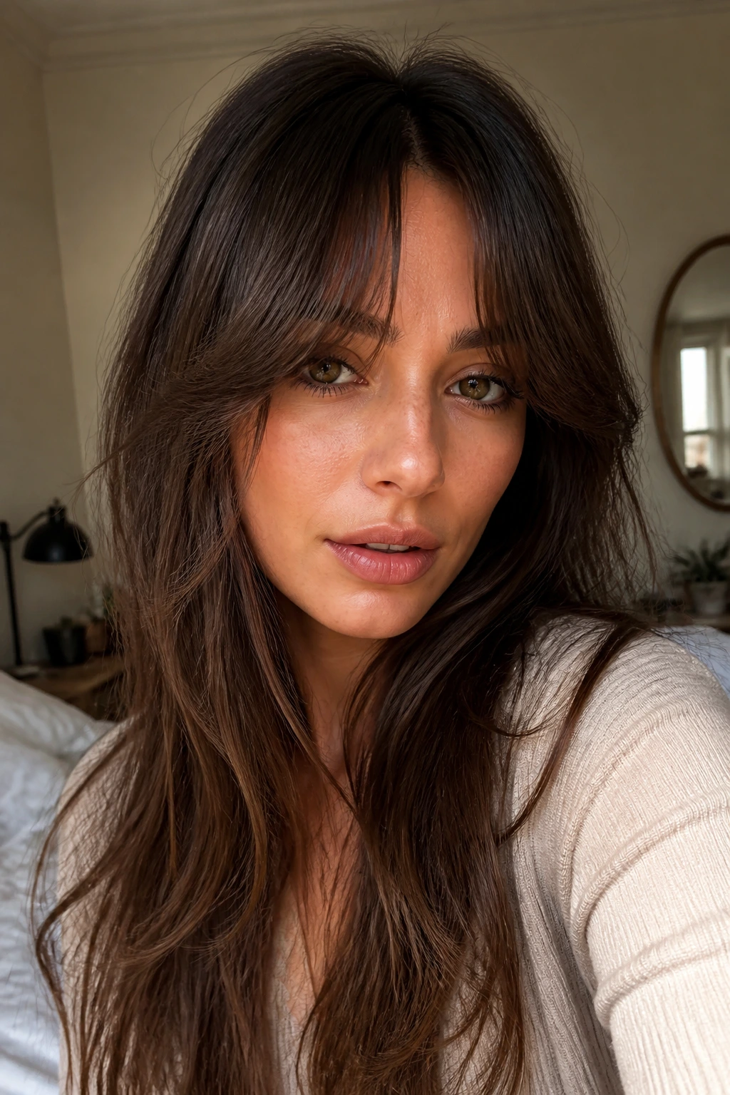 Close-up of a real woman with Bardot bangs showing texture and lift amid long hair.