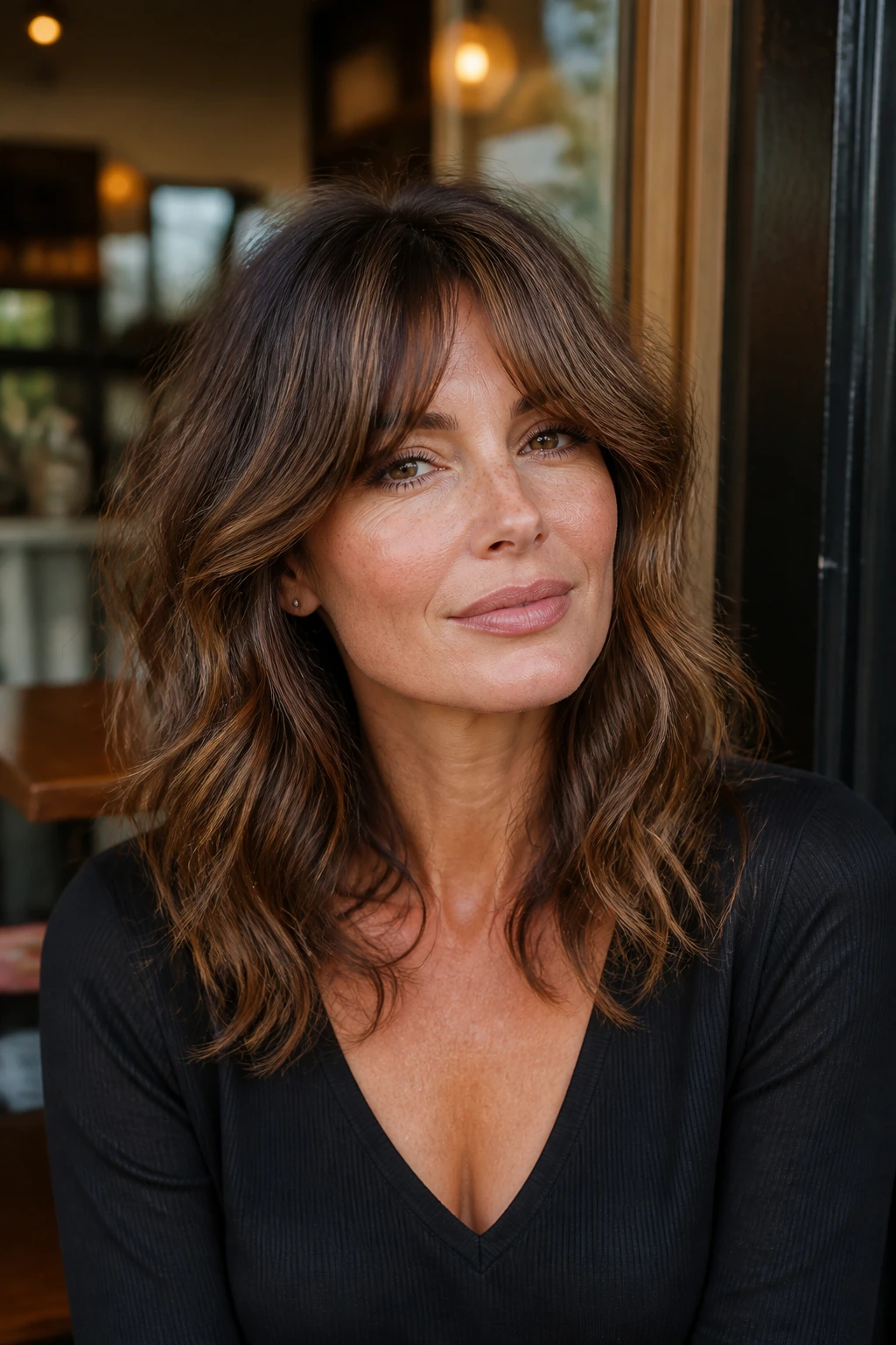 Real woman with Bardot bangs and wavy layers in warm cafe light