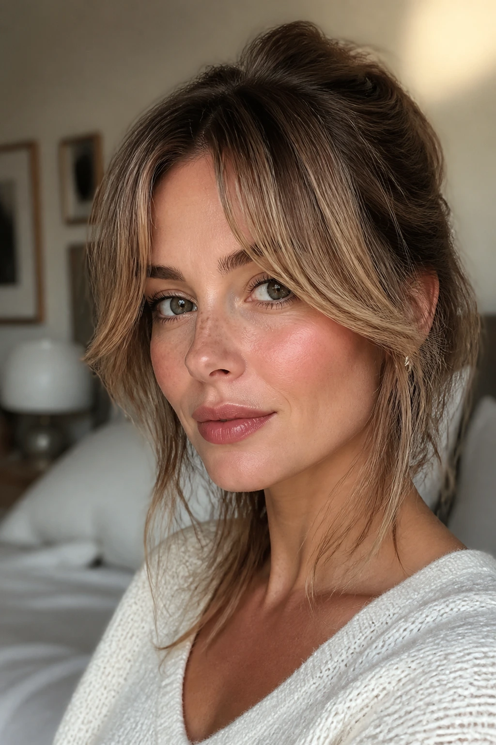 Portrait of a real woman with Bardot-style soft curtain bangs