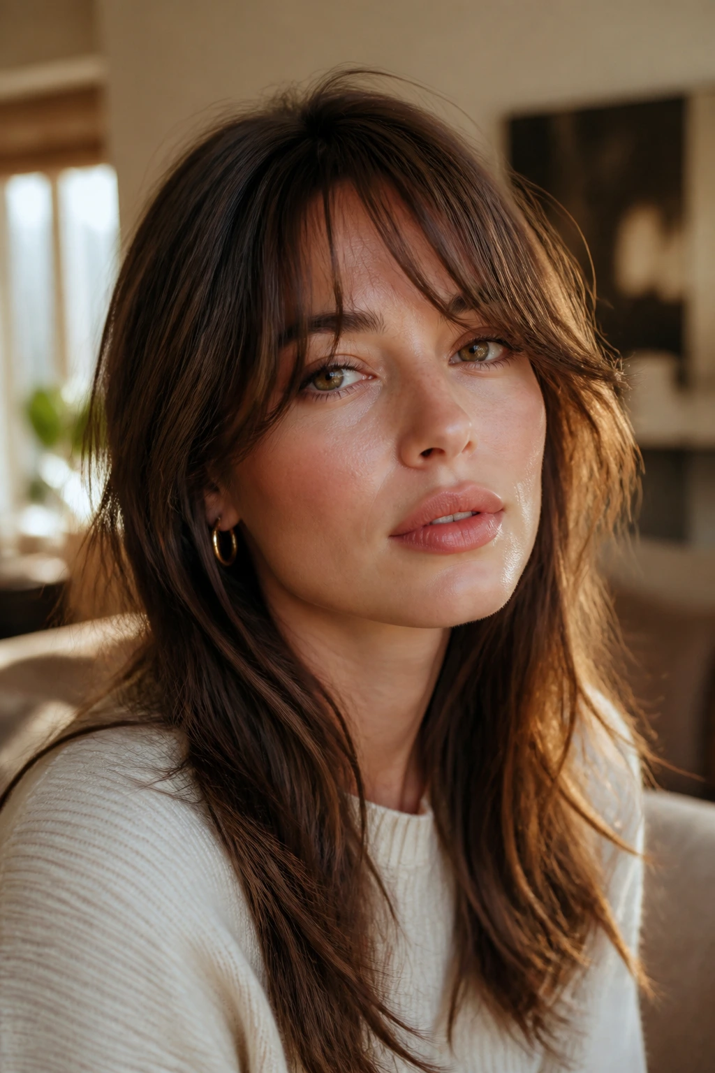 Close-up portrait of a real woman with Bardot split wisps fringe framing eyes in warm window light.