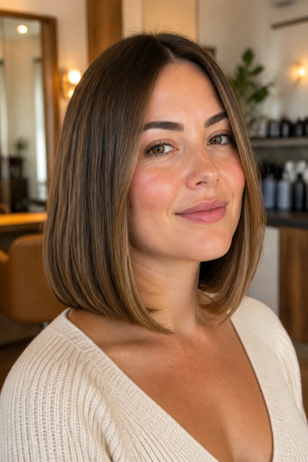 Close-up of a real woman's barely-bent lob with a subtle end bend near the collarbone.