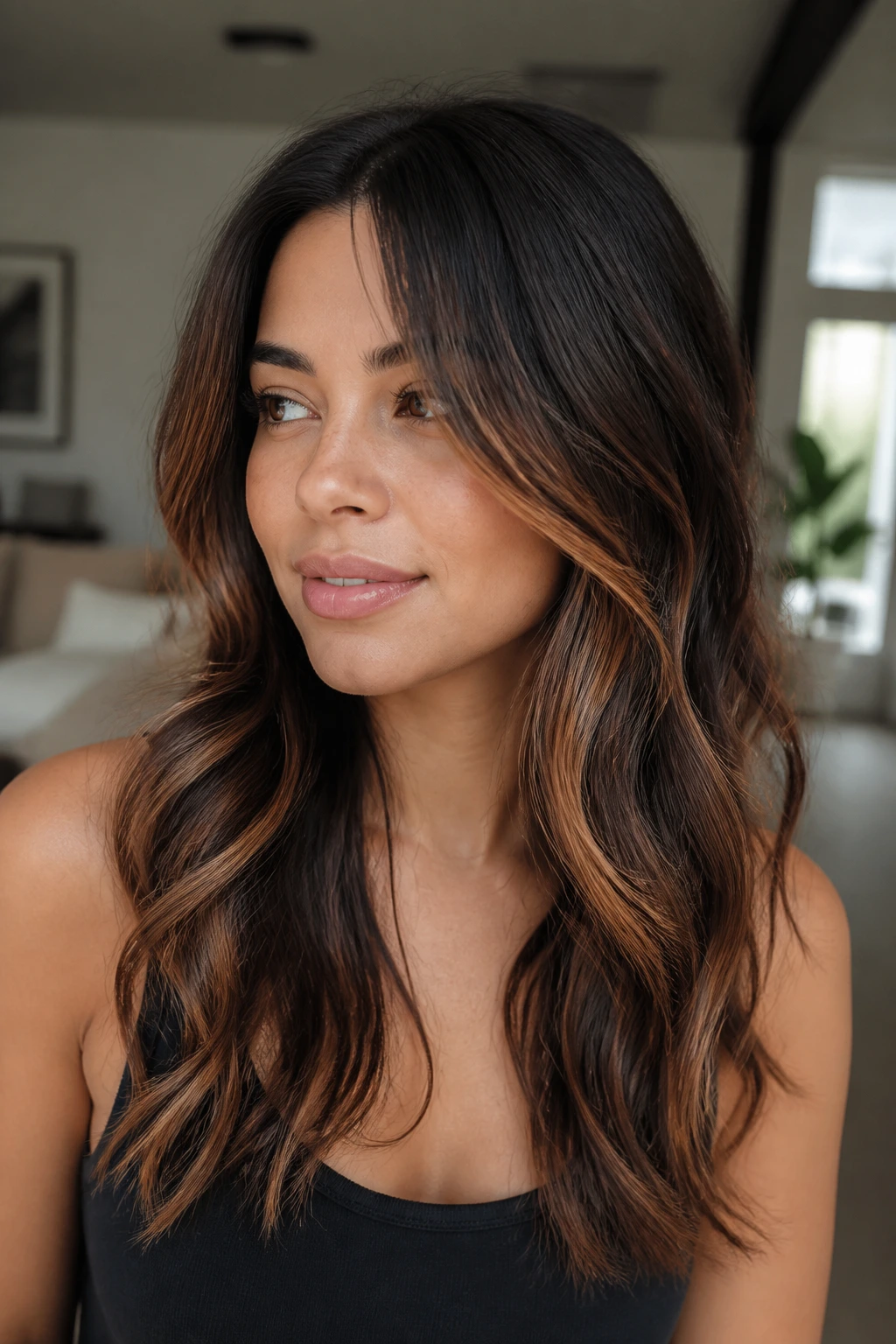 Close-up of a real woman with barely-there apricot slices in dark hair