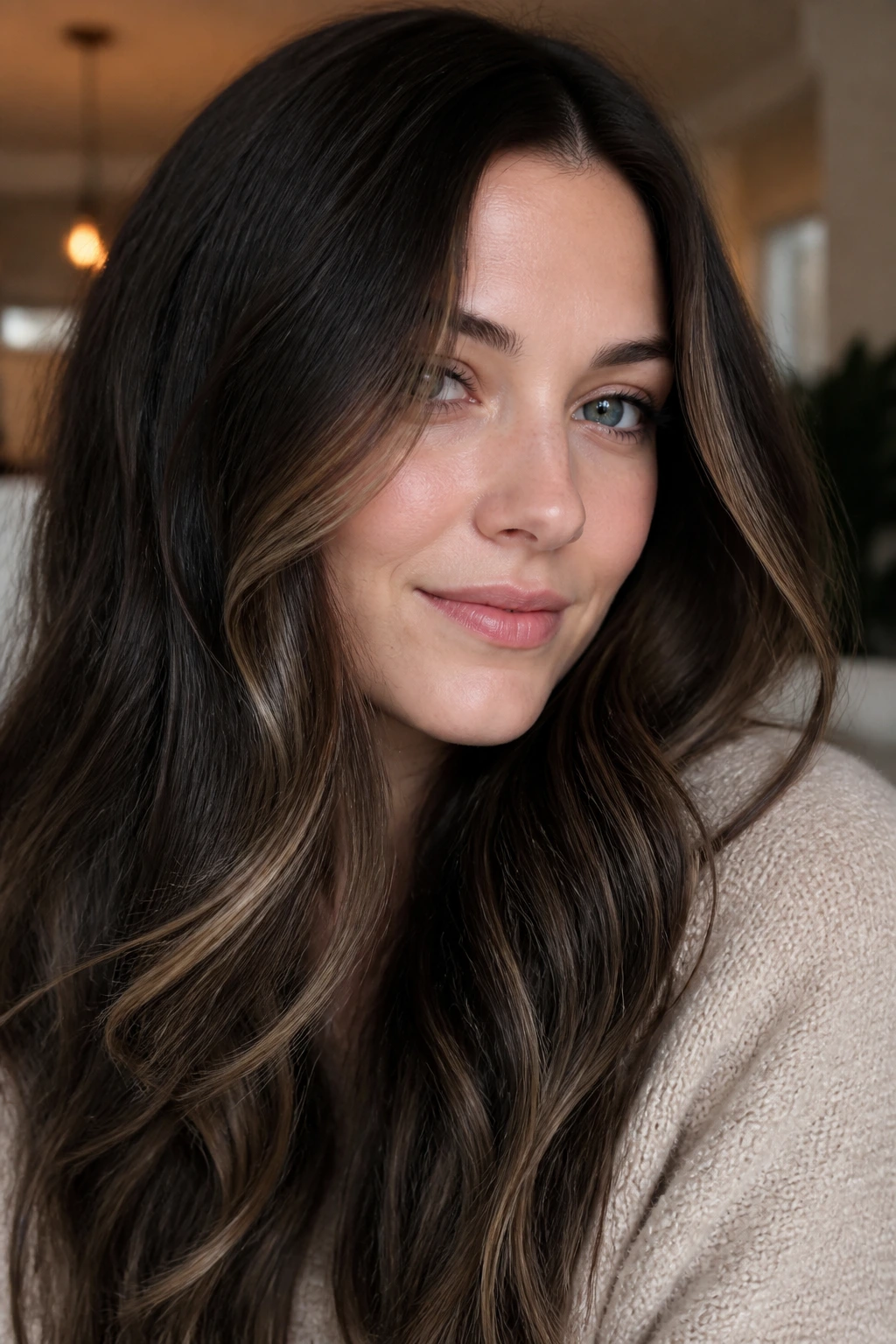Subtle brunette balayage with whisper-light caramel pieces