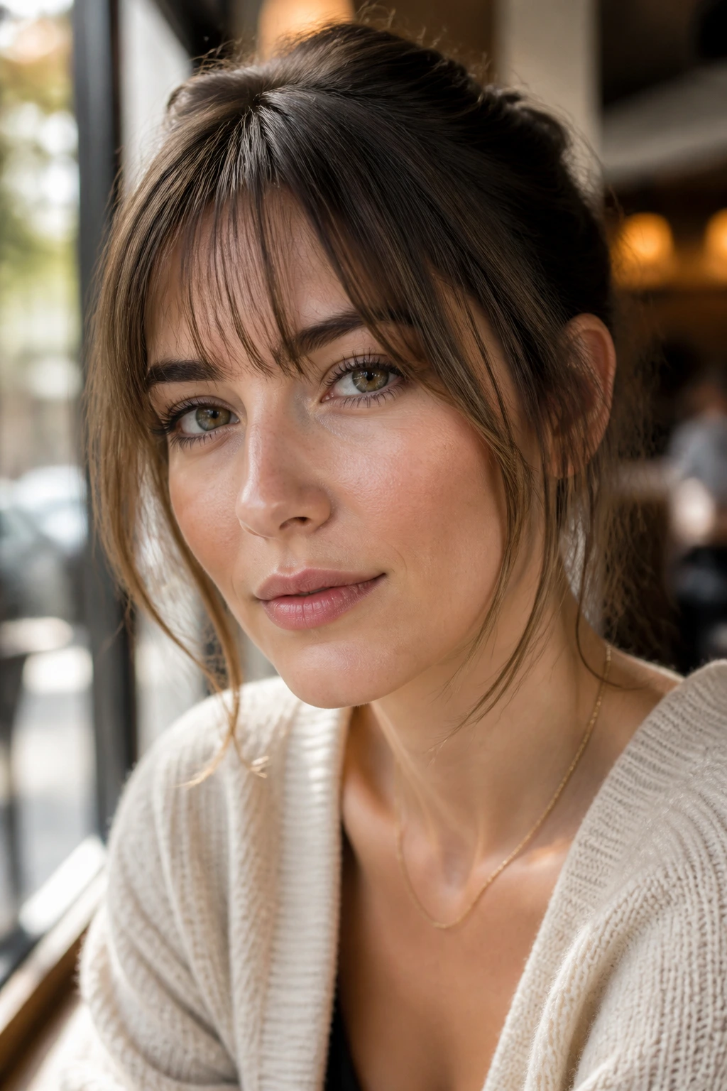 Close-up of a real woman with barely-there face-framing bangs for square face
