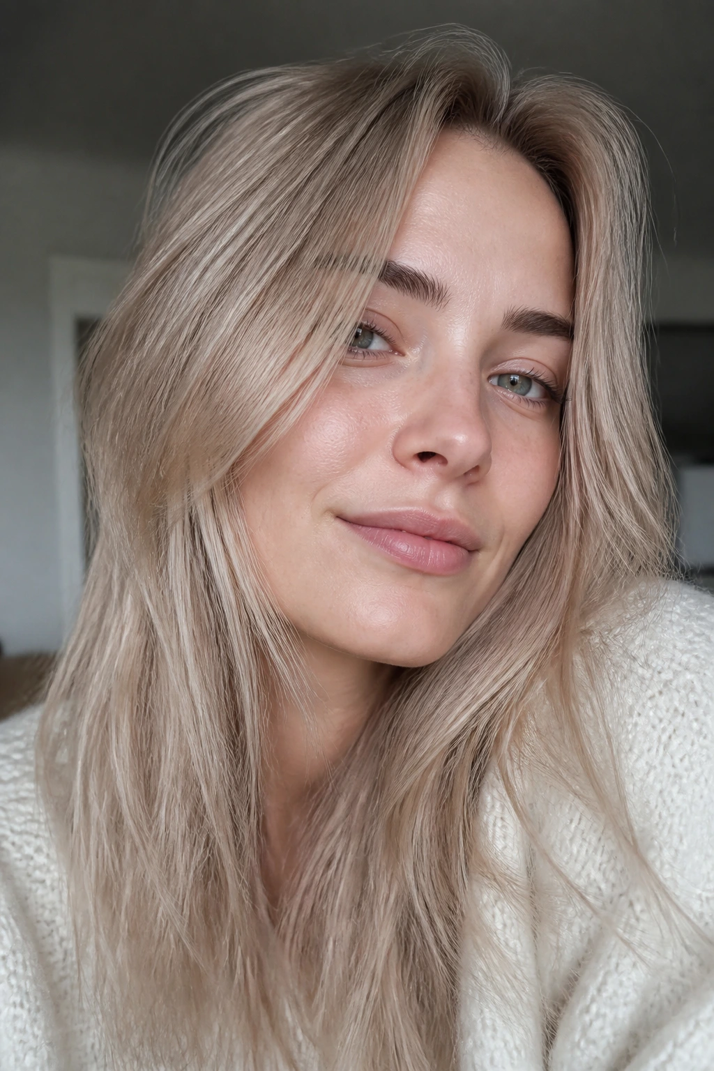 Close-up of a real person with barely-there beige blonde and cool undertones
