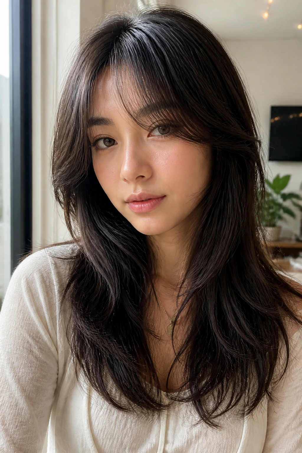 Portrait of a real person with barely-there curtain bangs showing texture