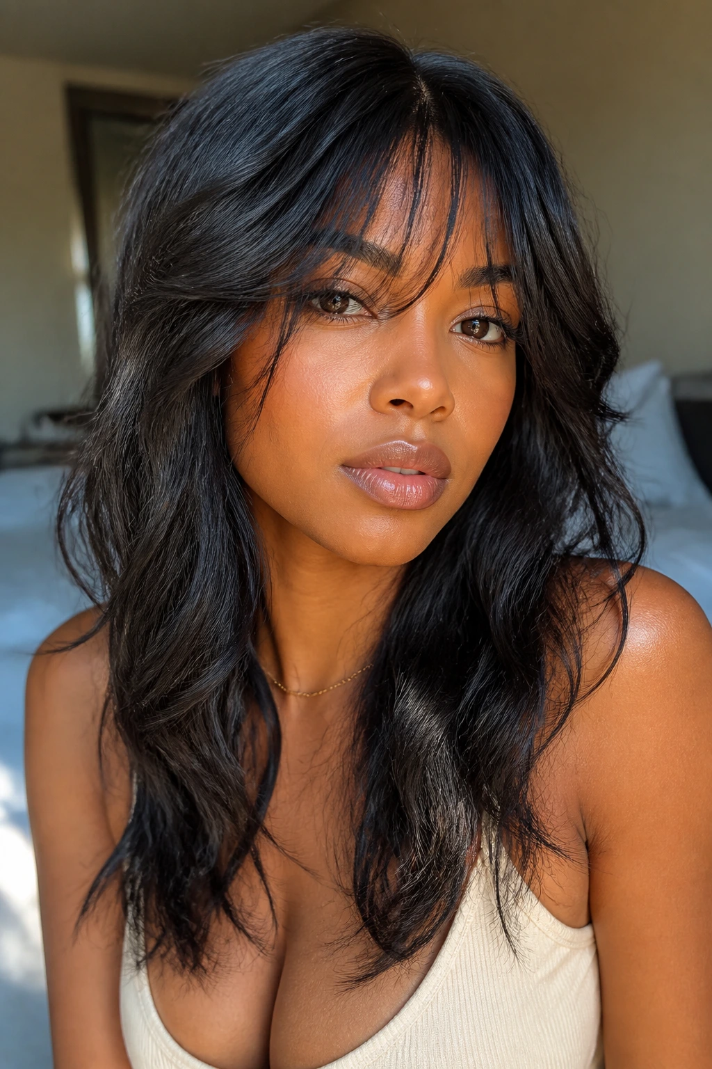 Close-up of a real woman with face-framing layers and barely-there fringe