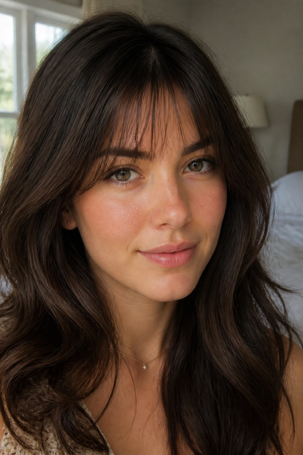 Close-up portrait of a real woman with a barely-there fringe edge on thick hair.