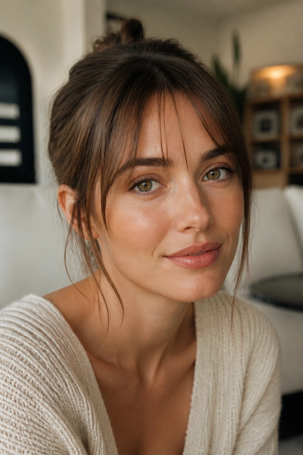 Portrait of a woman with barely-there fringe in a warm room