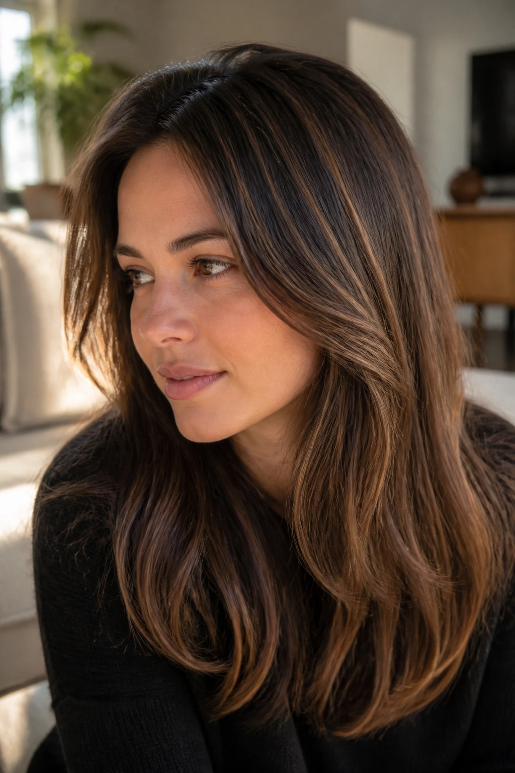 Close-up of a real woman with fine hair and barely-there caramel highlights near the base