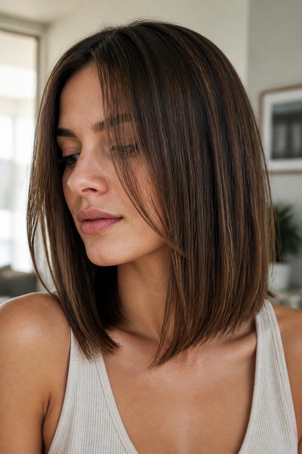 Close-up portrait of a real woman with barely-there layers in a long lob.