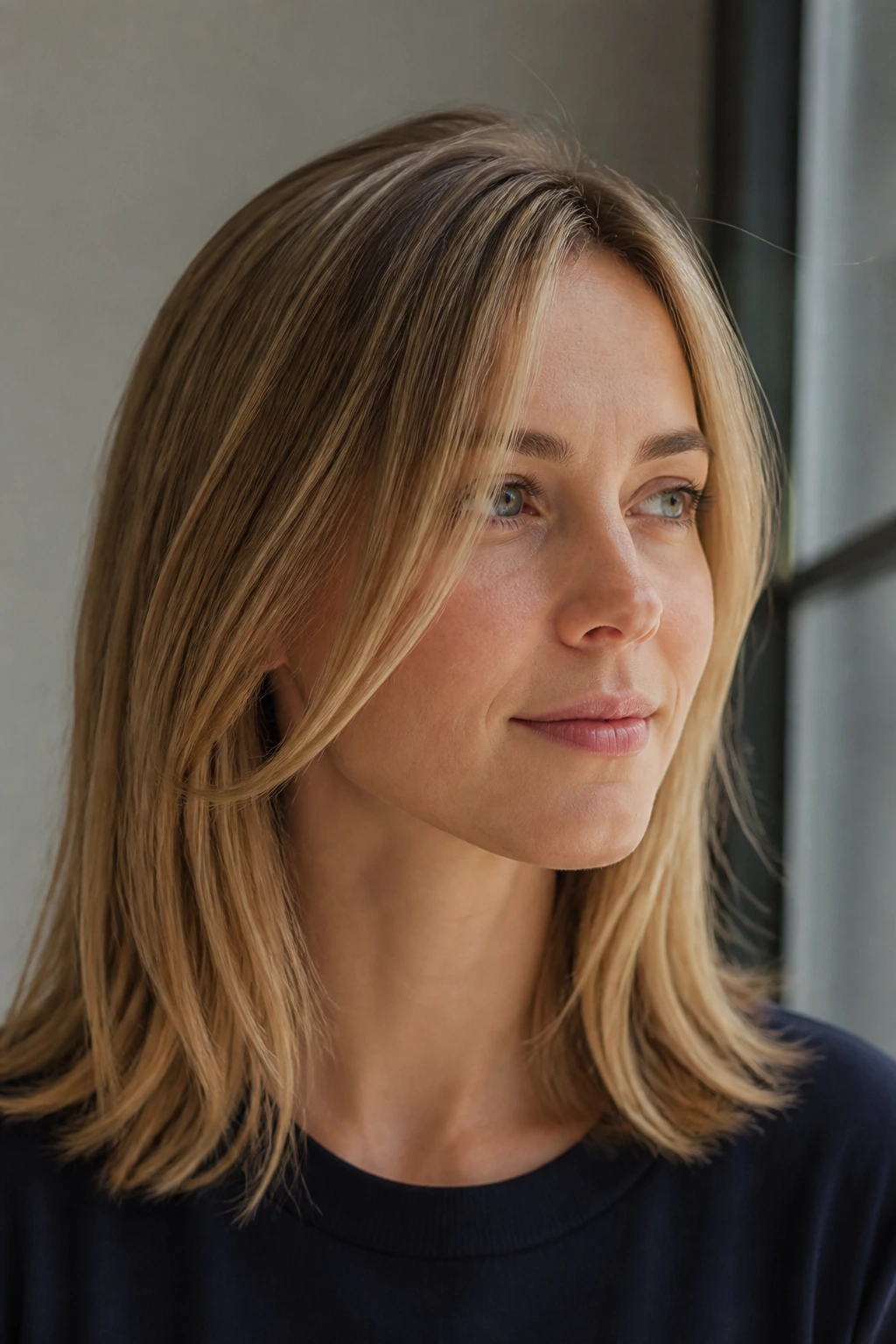 Close-up of a real person with barely-there layers in fine hair