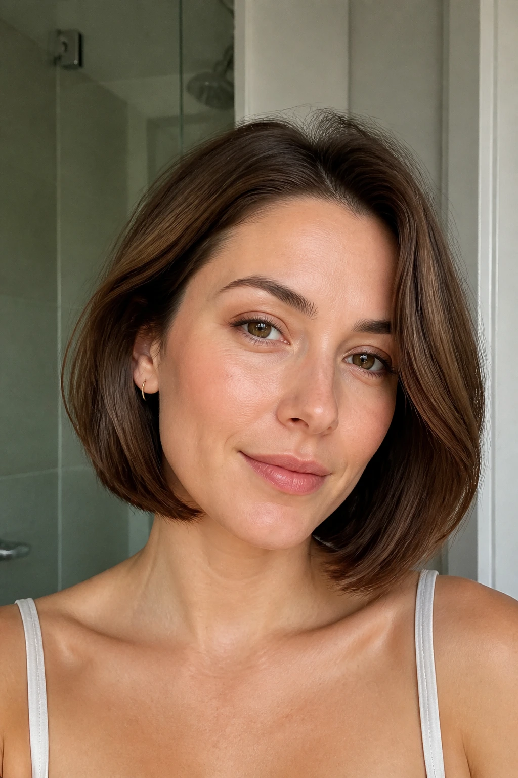Portrait of a real woman with a low-maintenance chin-length bob in soft bathroom lighting
