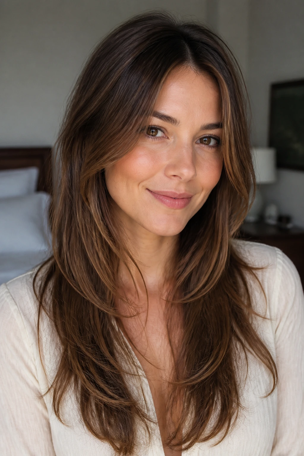 Close-up of a real woman with barely-there texture layers adding subtle movement.