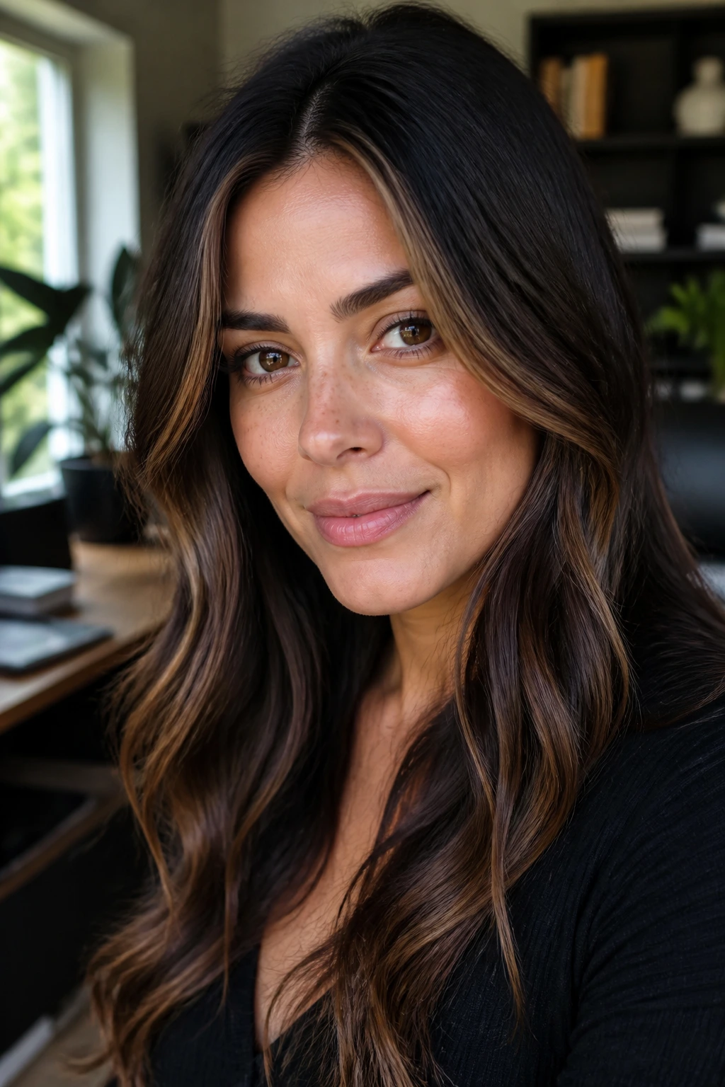 Close-up of a real woman showing bark brown contour lines near the face