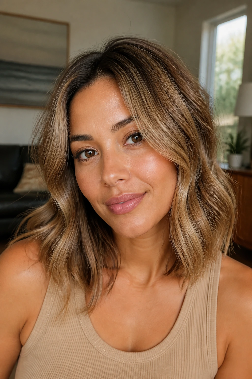 Close-up portrait of a real woman with barrel-aged bronde hair showing warm root, caramel mids, and honey ends.