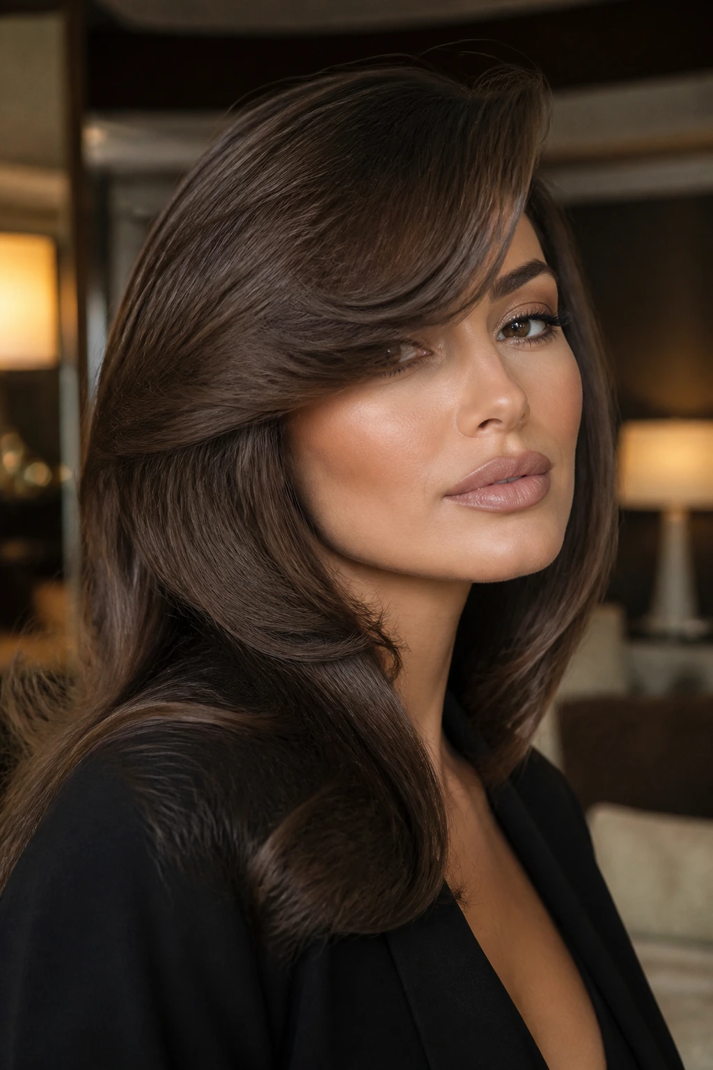 Real woman with glamorous barrel-curled swoop bangs close-up portrait