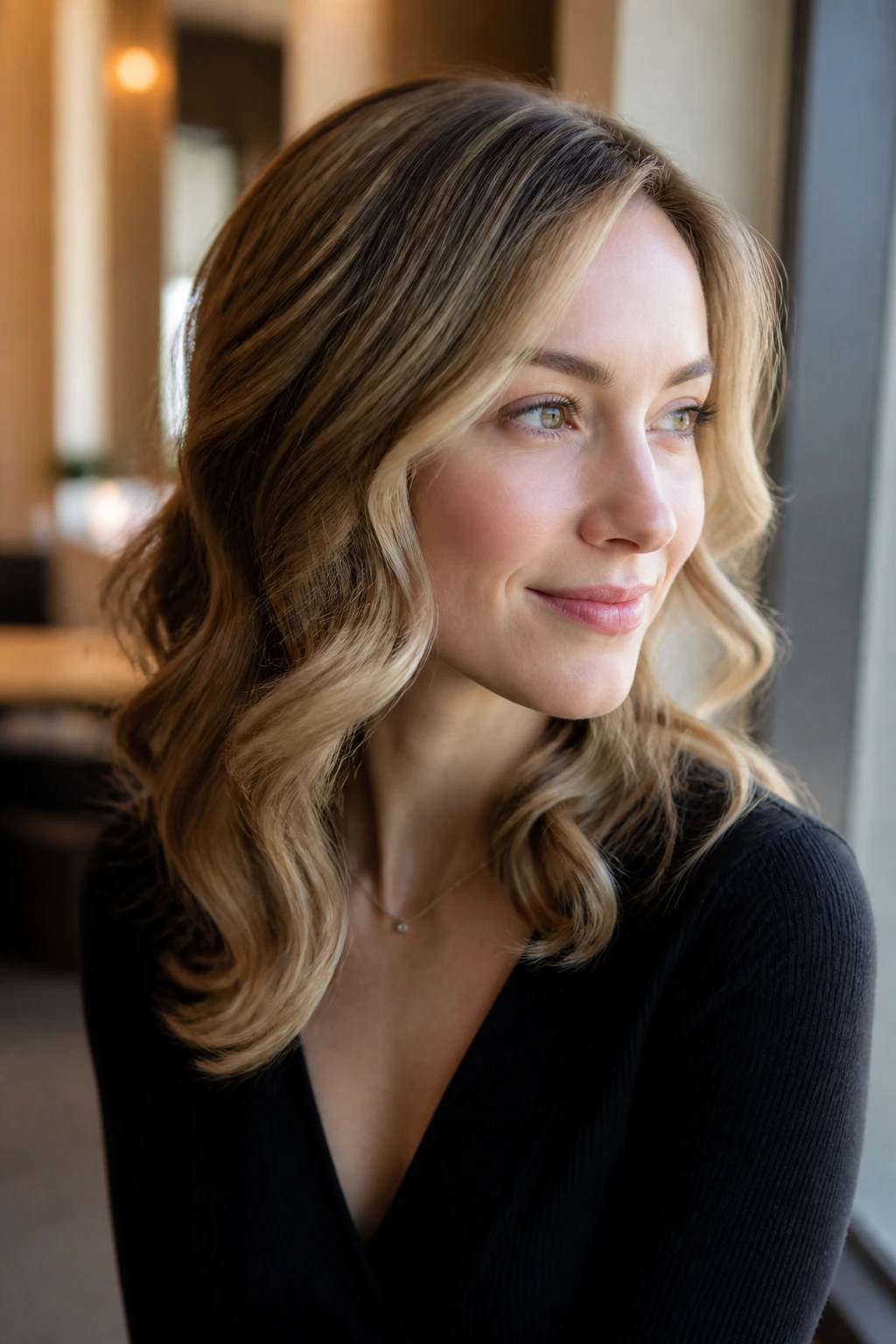 Close-up of a real woman with curls created by a barrel curling iron