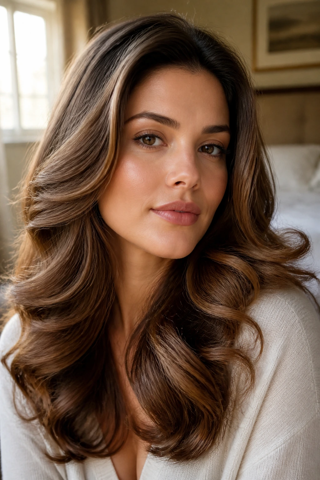 Close-up of a real woman with brushed-out barrel curls in warm bedroom light