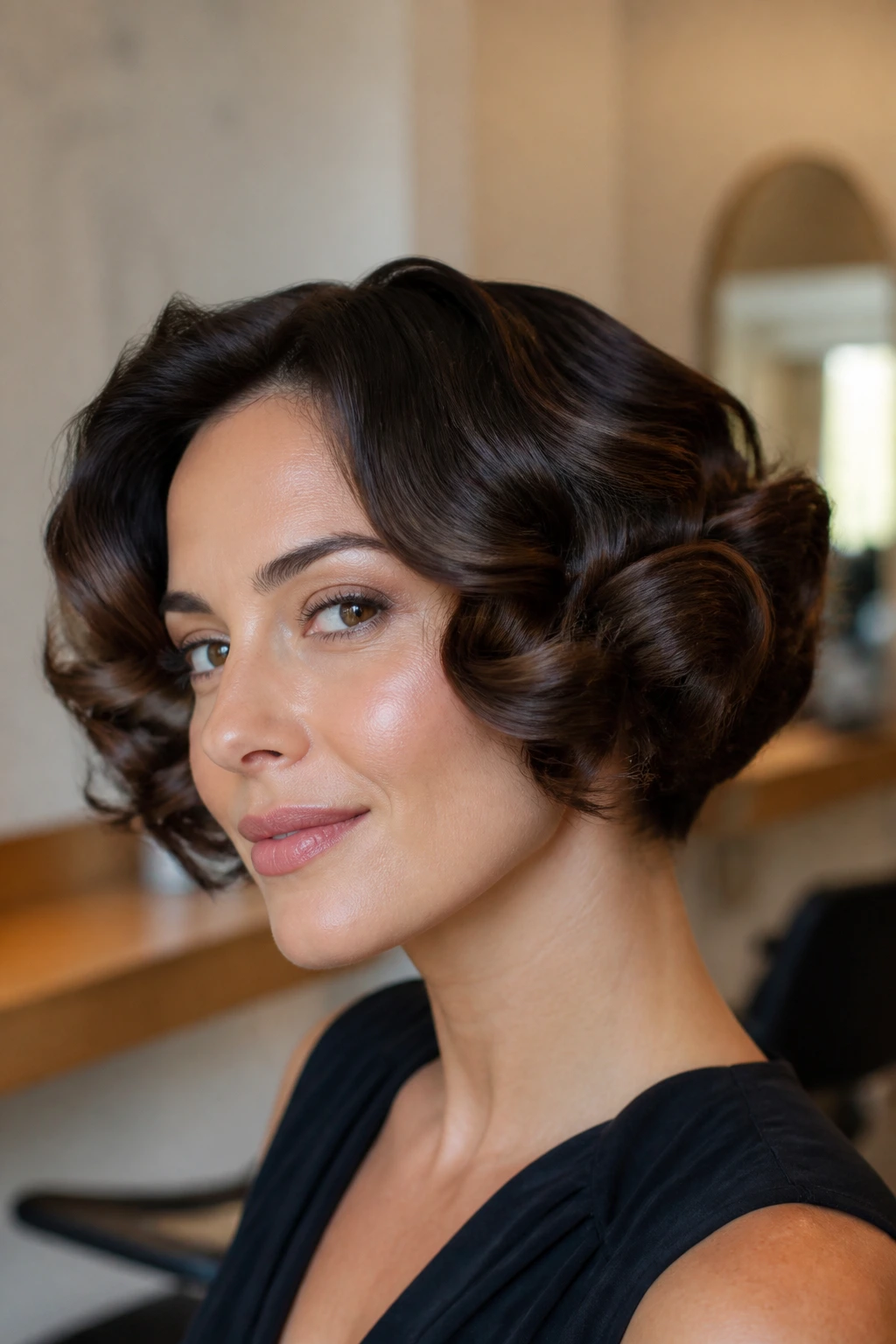 Close-up portrait of a real woman with glossy barrel curls on a sculpted bob in warm salon light