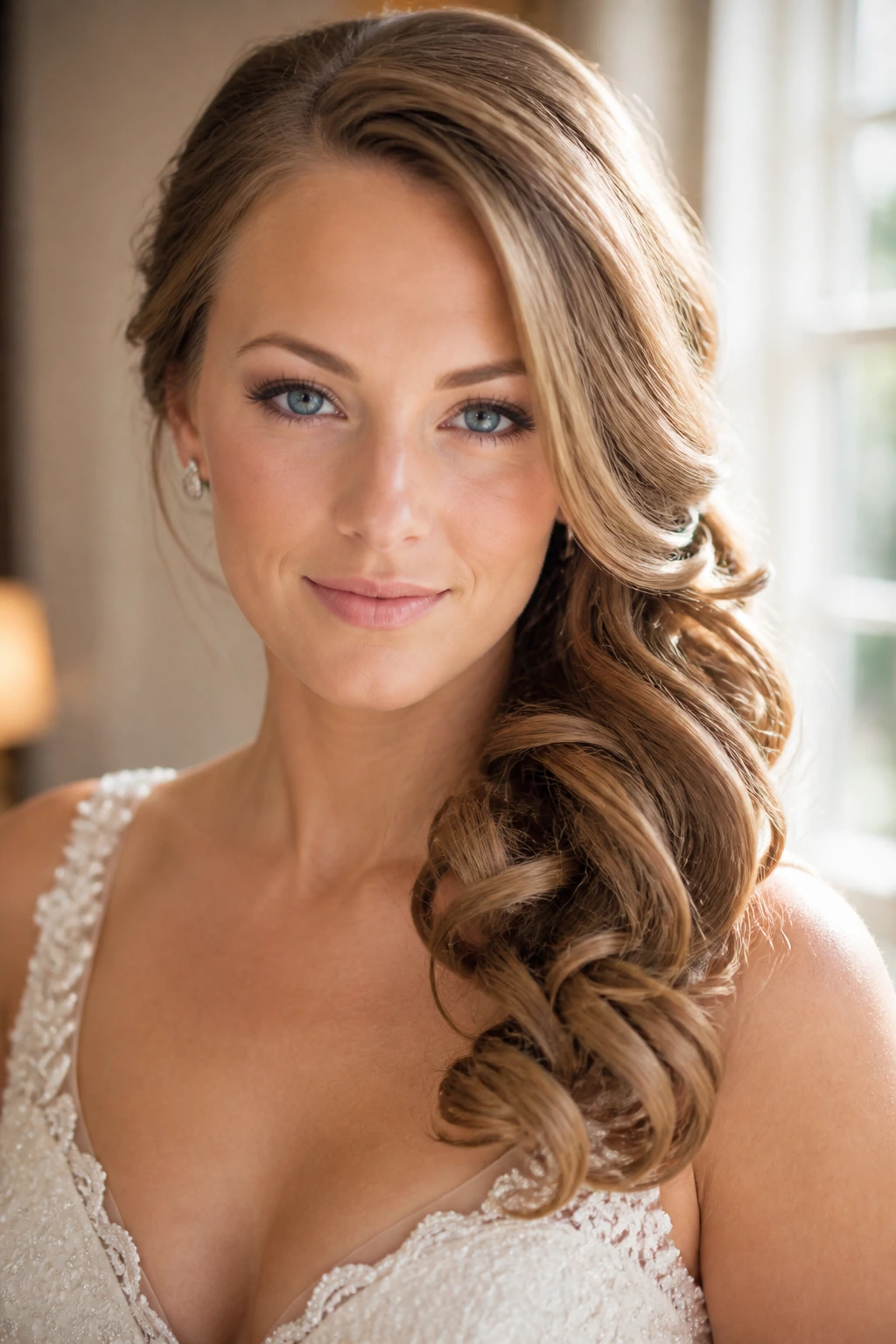 Close-up of real woman with barrel-curled shoulder sweep.