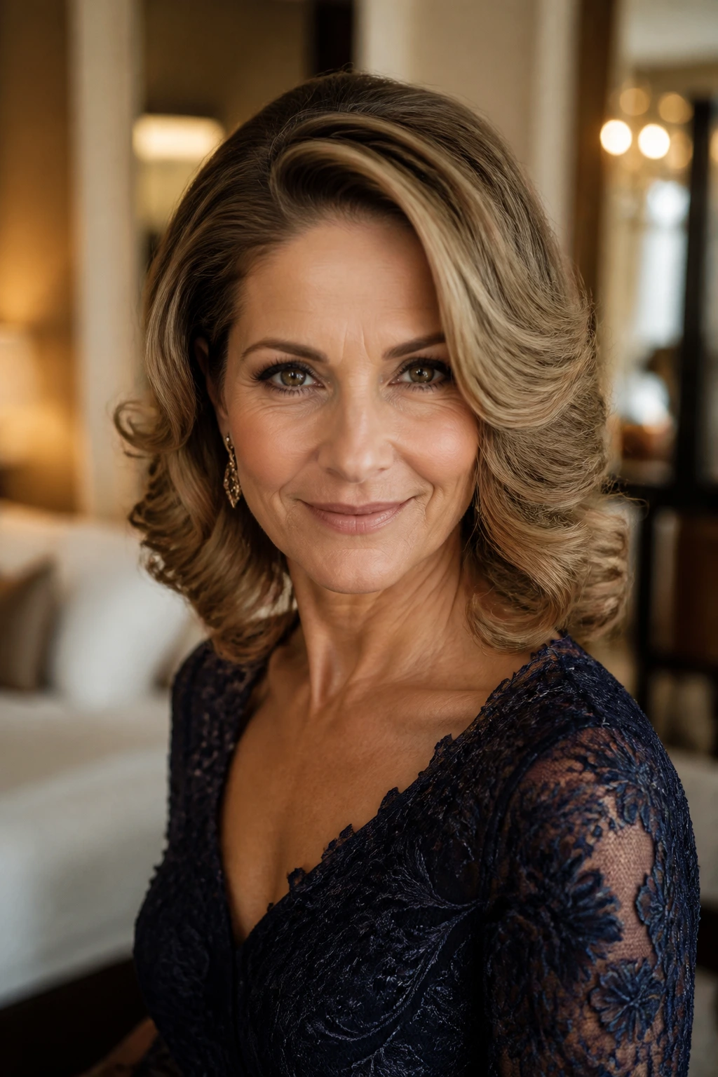 Medium close-up of a real woman with deep side-part barrel curls for formal photos