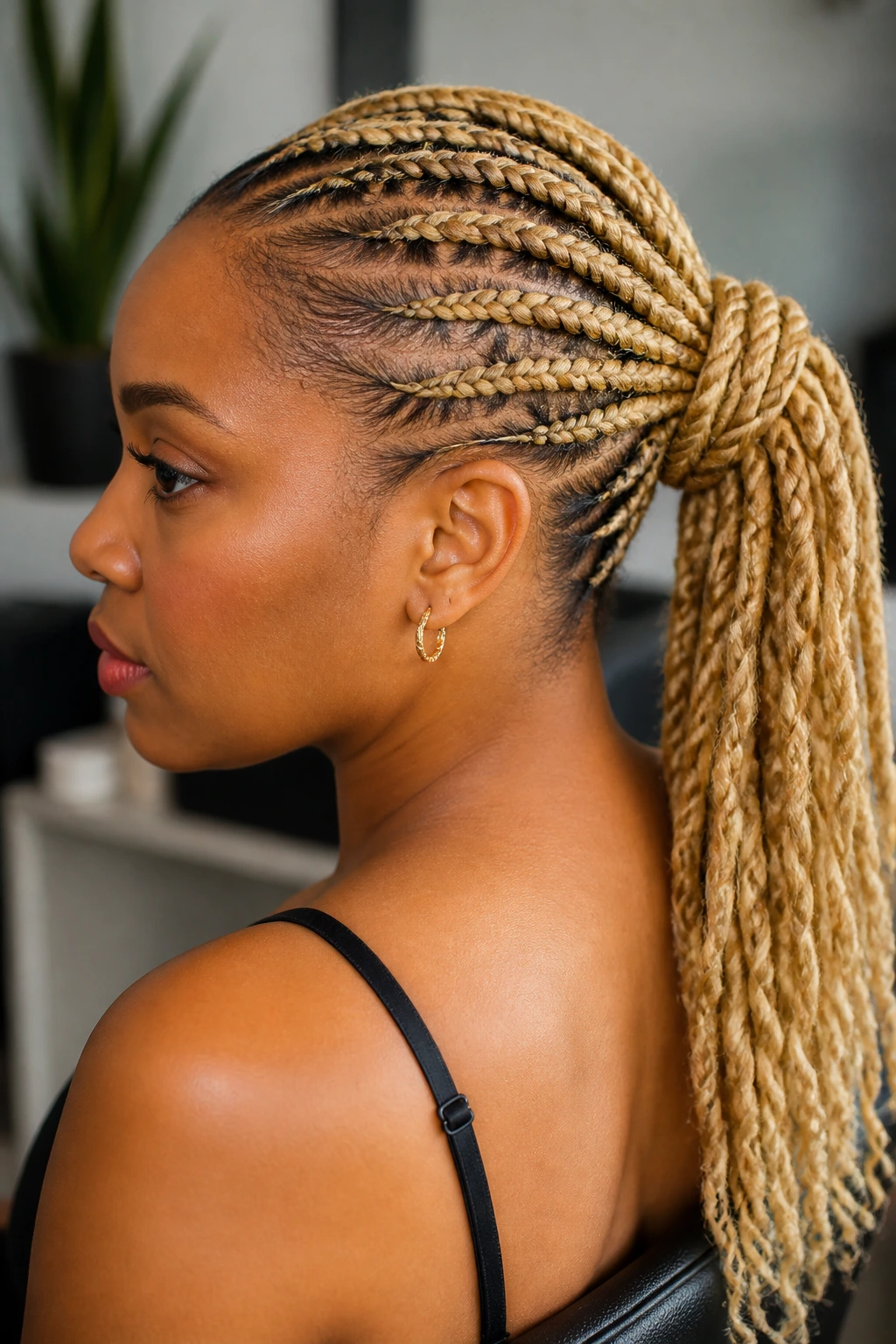 Close-up of a real woman with a barrel-twisted ponytail in blonde locs