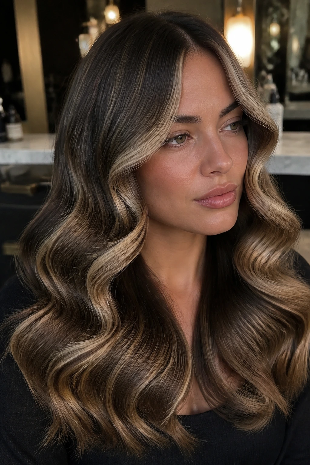Close-up of a woman with retro barrel waves and butter babylights in a warm salon.