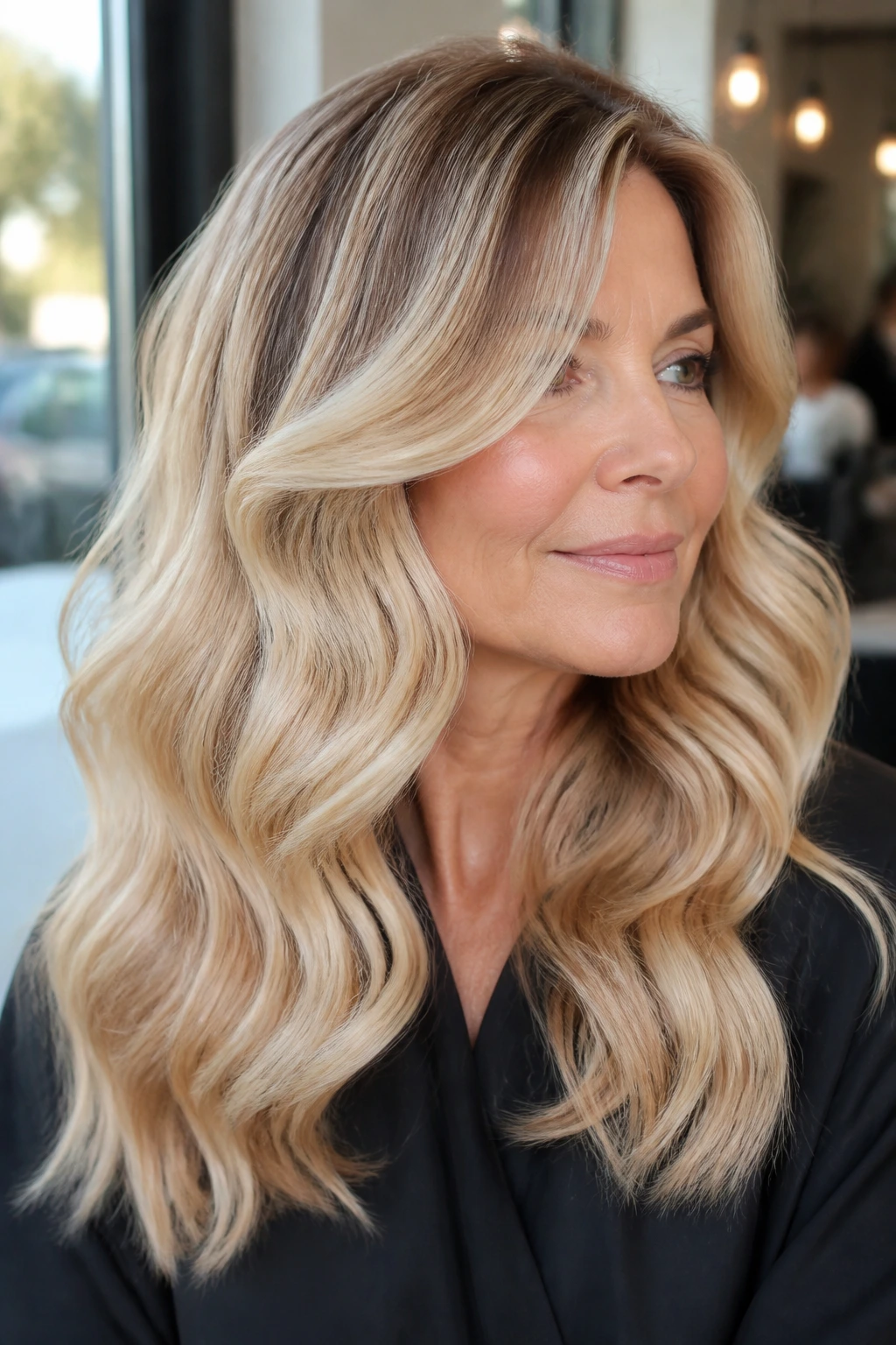 Close-up of long blonde hair with defined barrel waves and lived-in roots