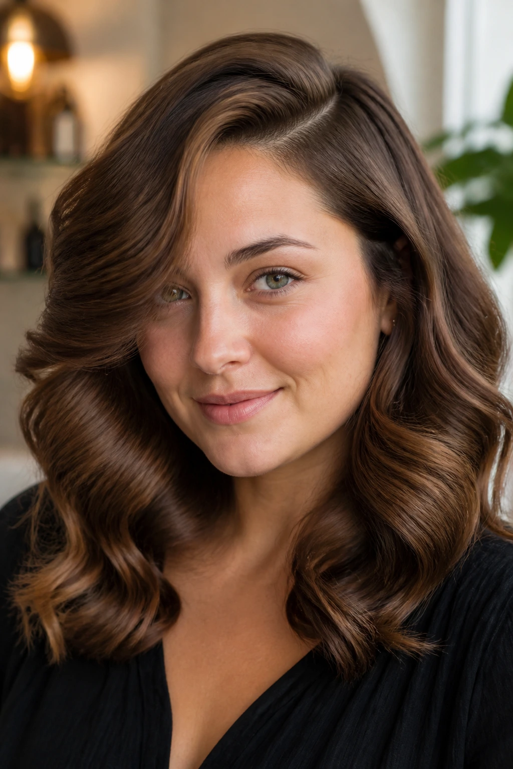 Portrait of a real woman with deep side-part and barrel waves