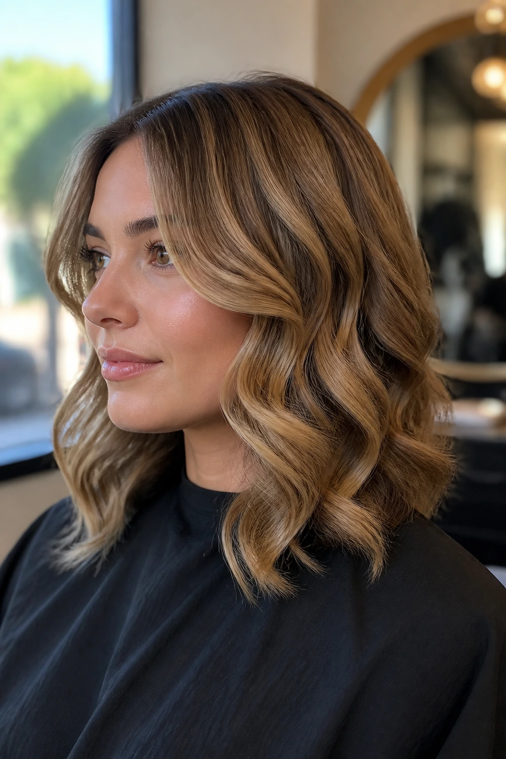 Portrait of a woman with overlapping barrel waves creating volume