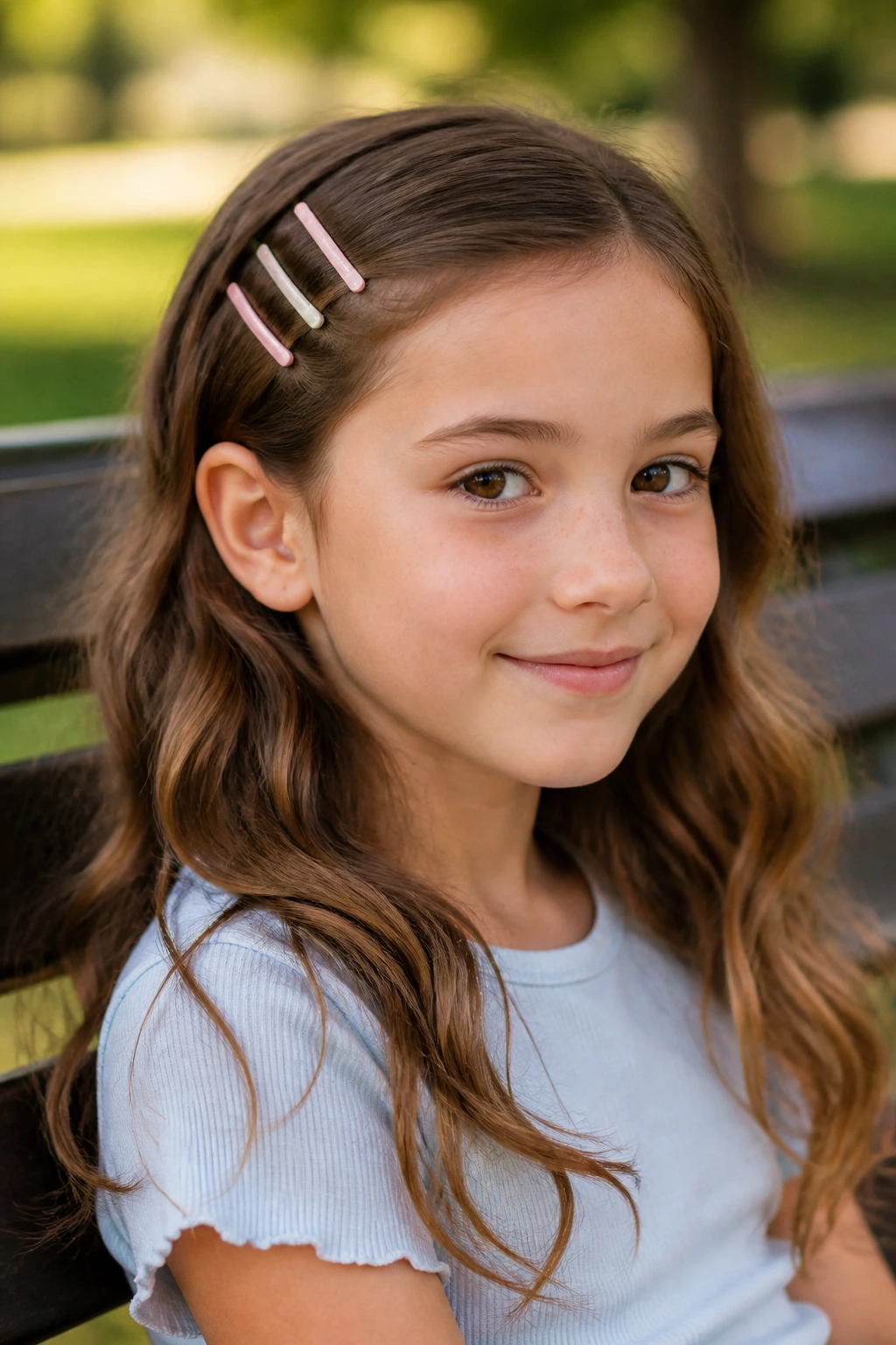 Close-up of real child with loose waves and a barrette line above one ear