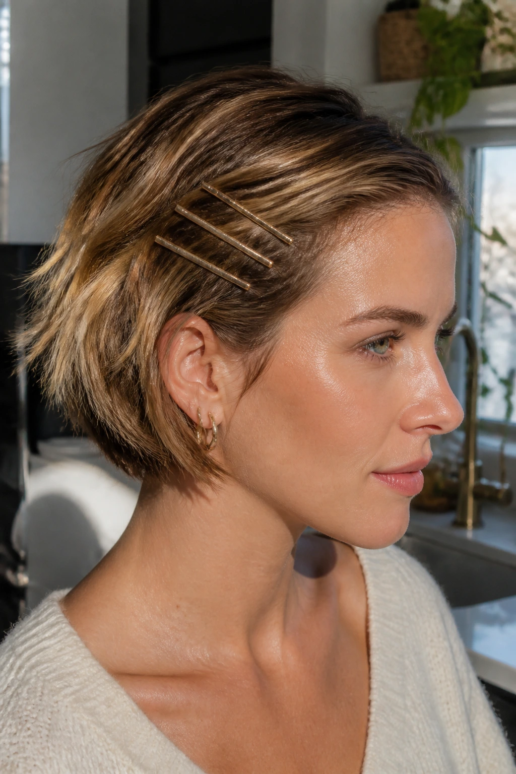 Profile view of a real person showing barrettes aligned along one side of a short haircut