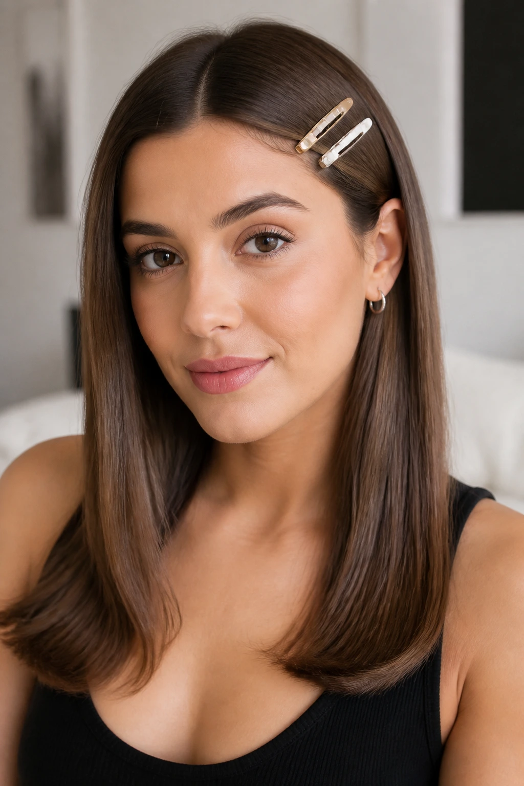Close-up of real woman with stacked slim barrettes on glossy straight hair