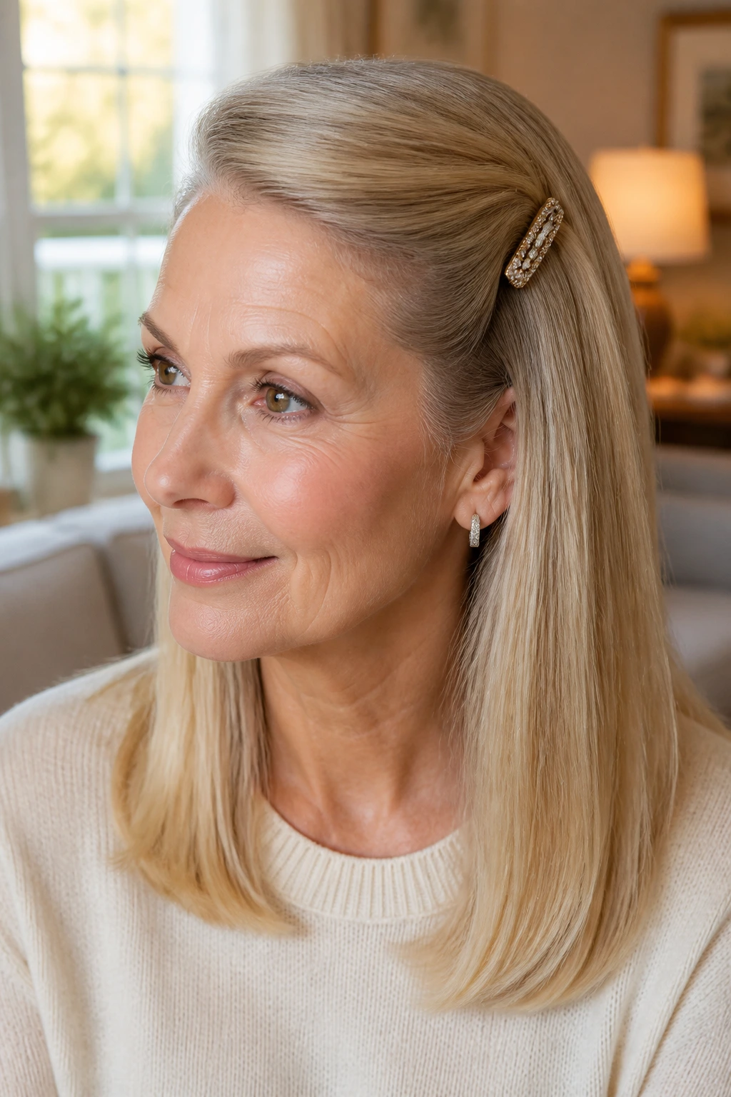Close-up of a real woman with a barrette-secured side sweep in natural window light