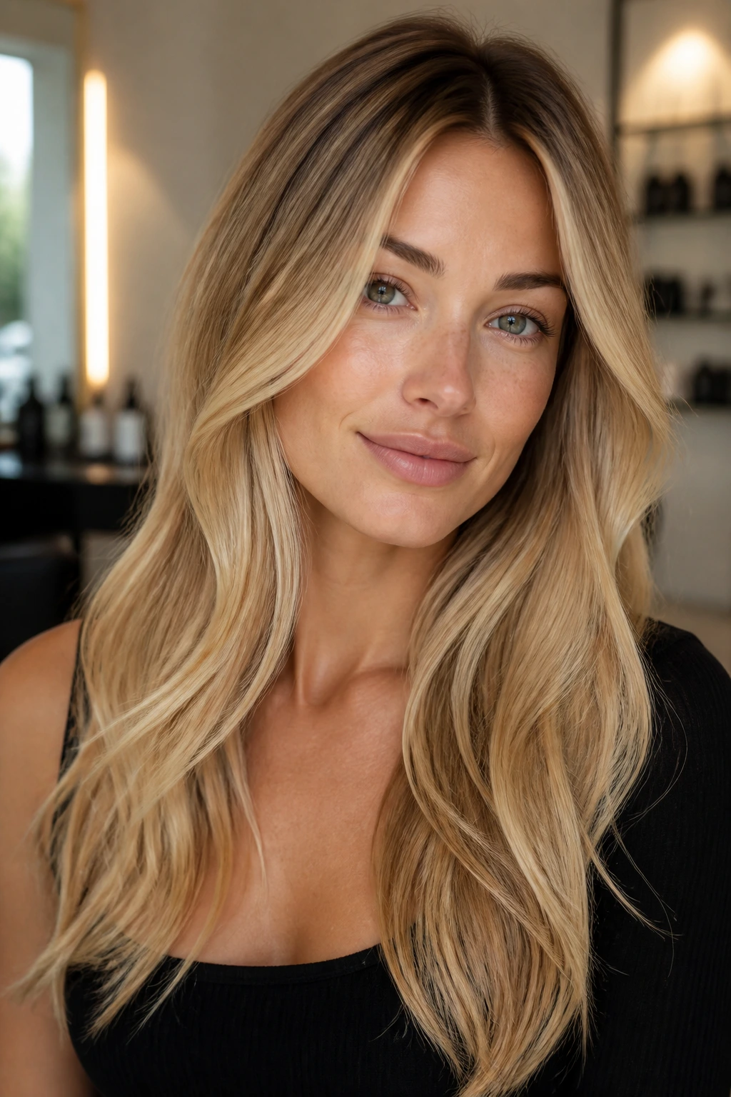 Portrait of a woman with blonde shade chosen to suit her base color and skin tone