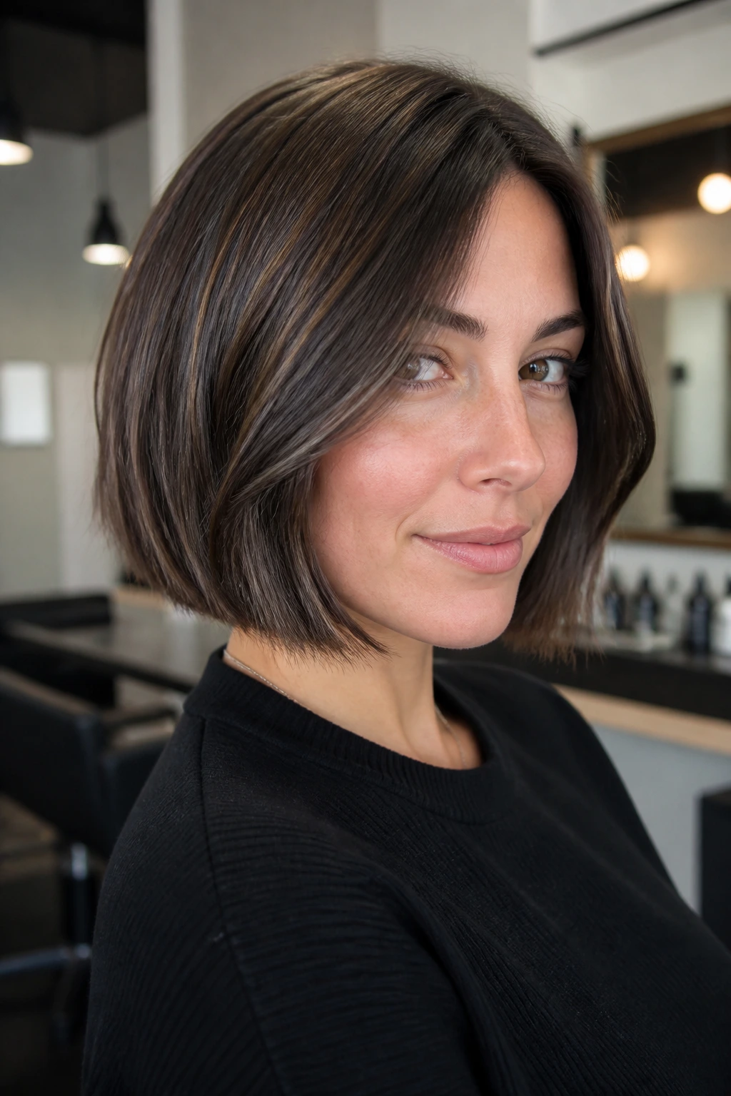 Close-up portrait of real woman with chin-length bob in cool brunette tones in modern salon