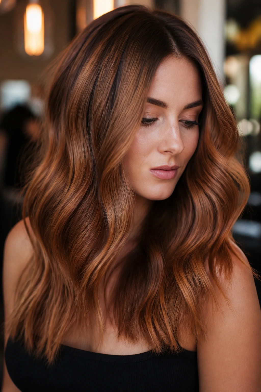 Close-up portrait showing base level hair color with root shadow and dimension
