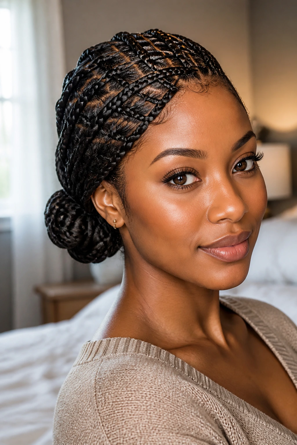 Close-up portrait of a real woman with basket-weave braids forming a side tuck