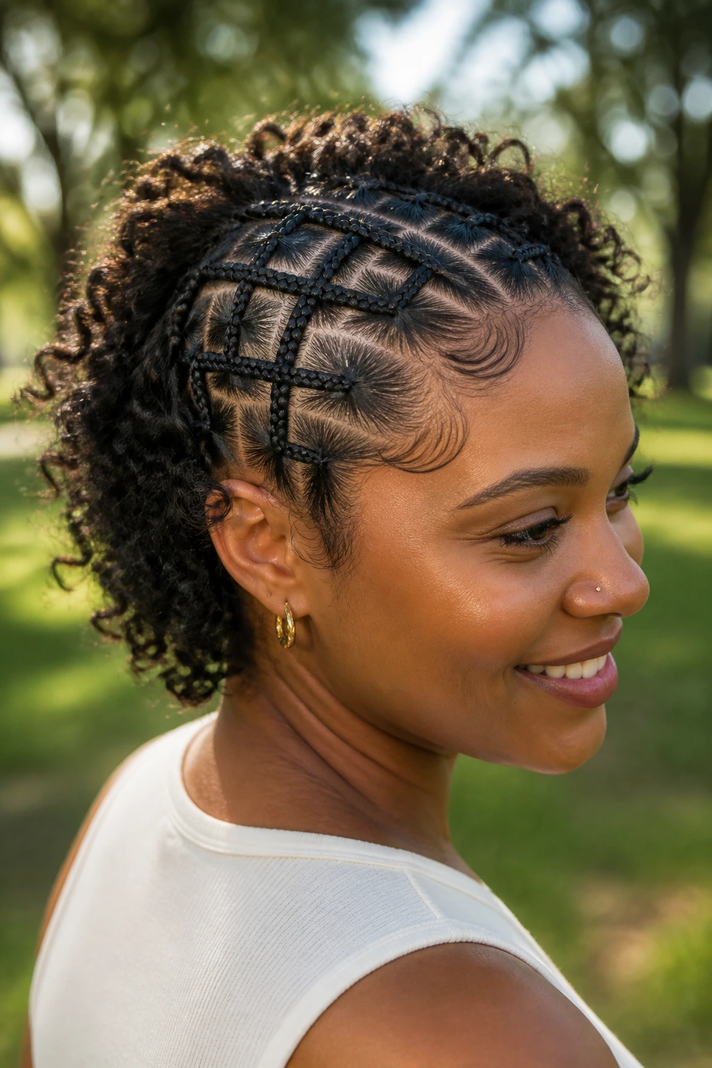 Close-up of a real woman with basketweave cornrows and free curls