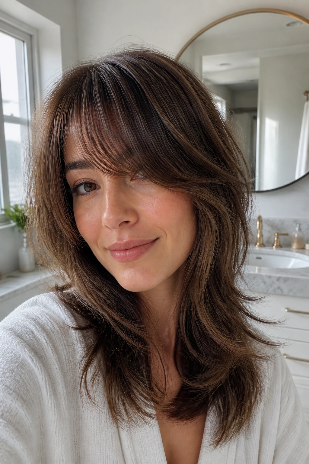 Close-up of a real woman with fluffy side-swept bangs in a bright bathroom