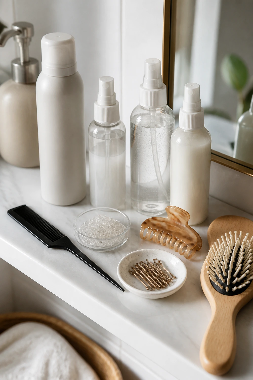 Bathroom shelf with fine-hair tools: comb, dry shampoo, elastics, pins, clip, spray, texture product