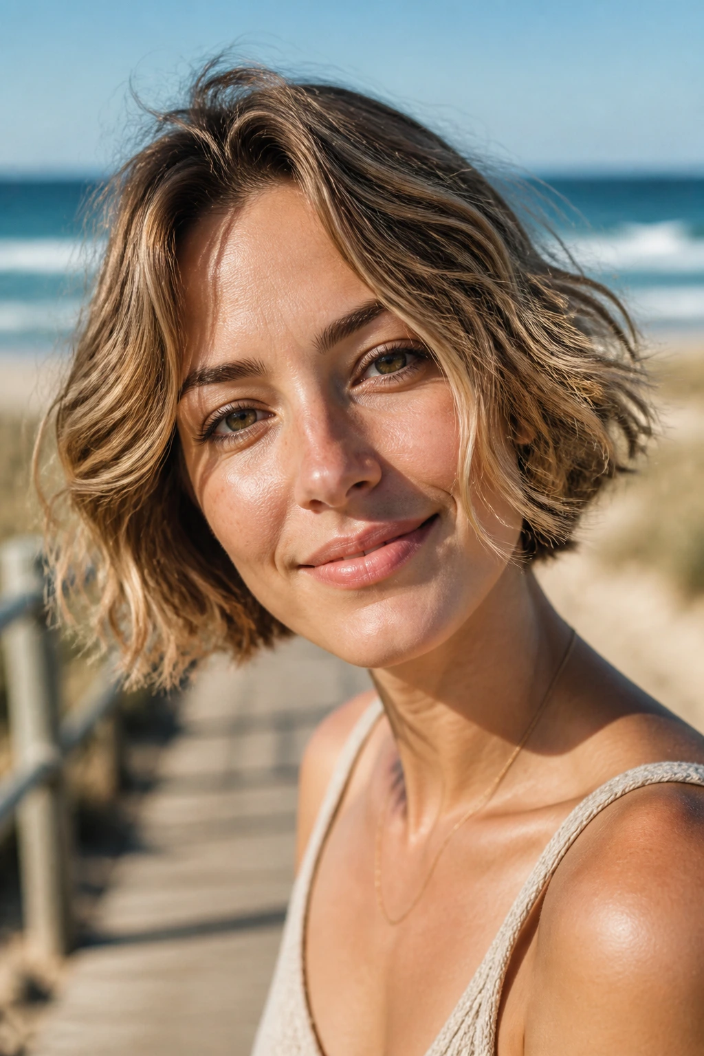 Portrait of a real woman with a salt-spritz beach bob on a sunny beach.