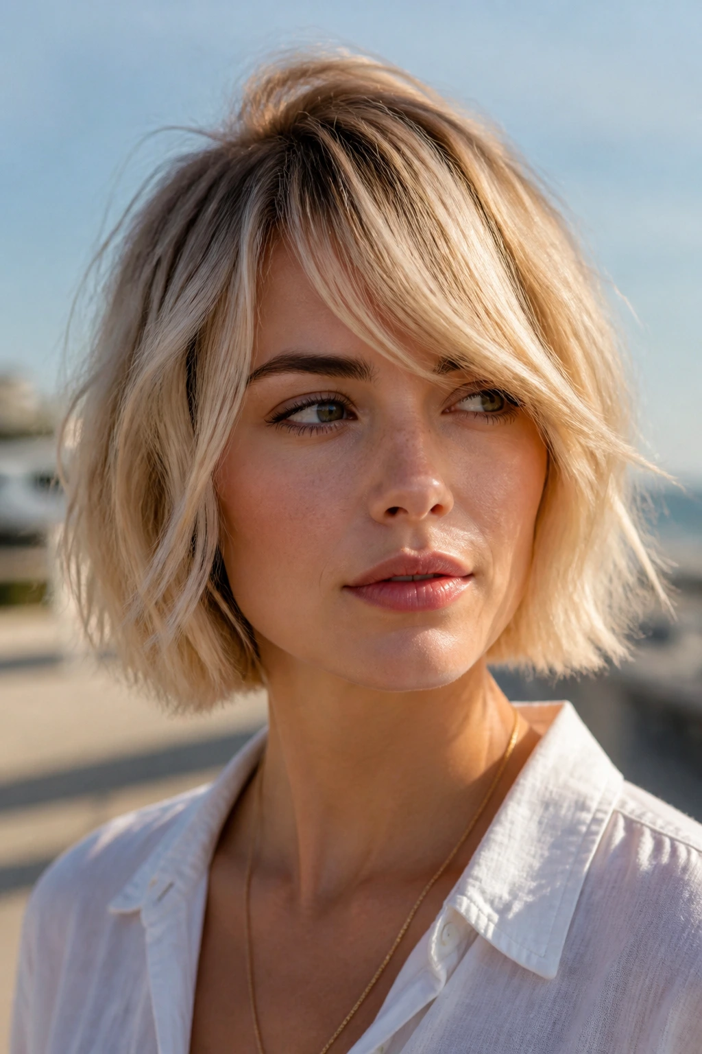 Close-up of a real woman with tousled beach bob and grown-out bangs in natural sunlight