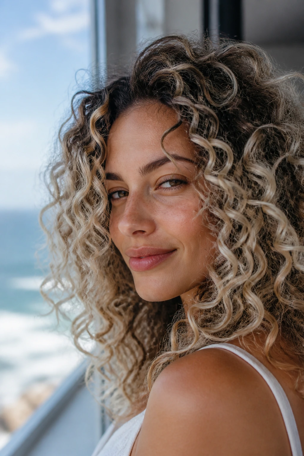 Close-up of a real person with cool Beach Glass Blonde tones on curly hair