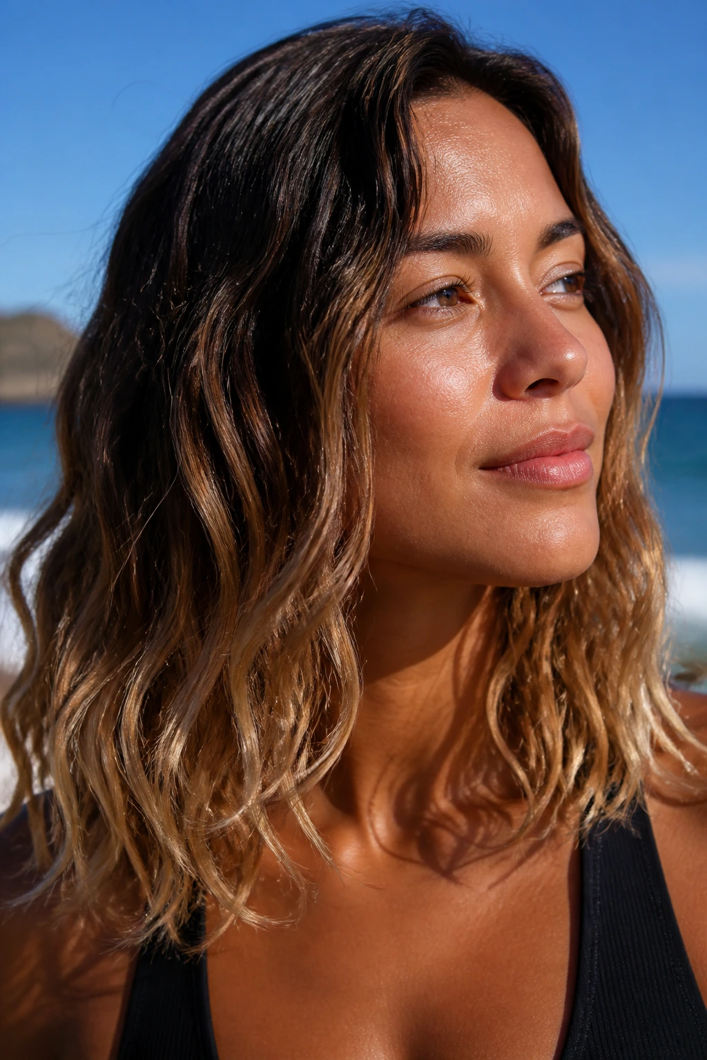 Real woman with beach-glass bronzed ends and sun-kissed tan skin.