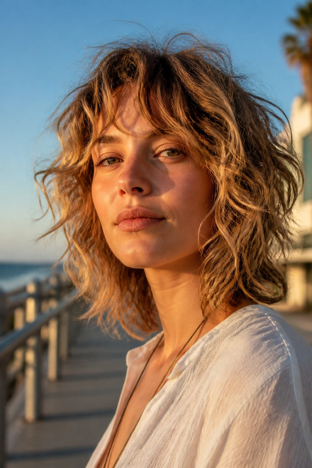 Real woman with loose beach waves in natural light