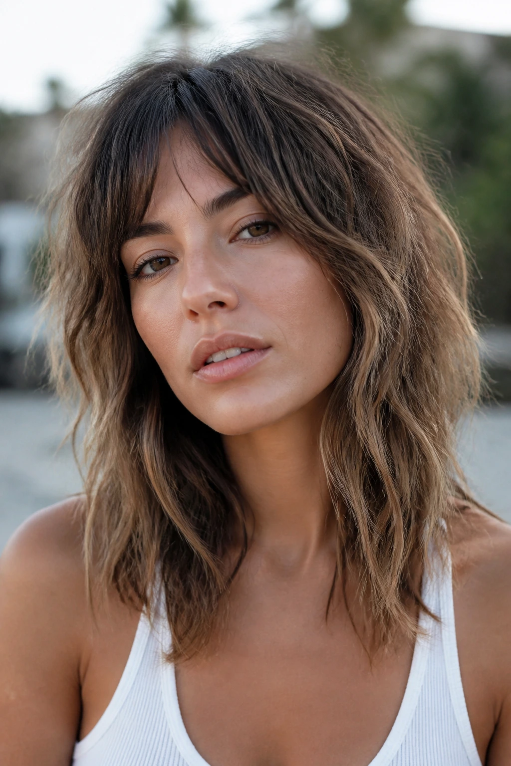 Close-up of real woman with beach-texture shag in natural outdoor light