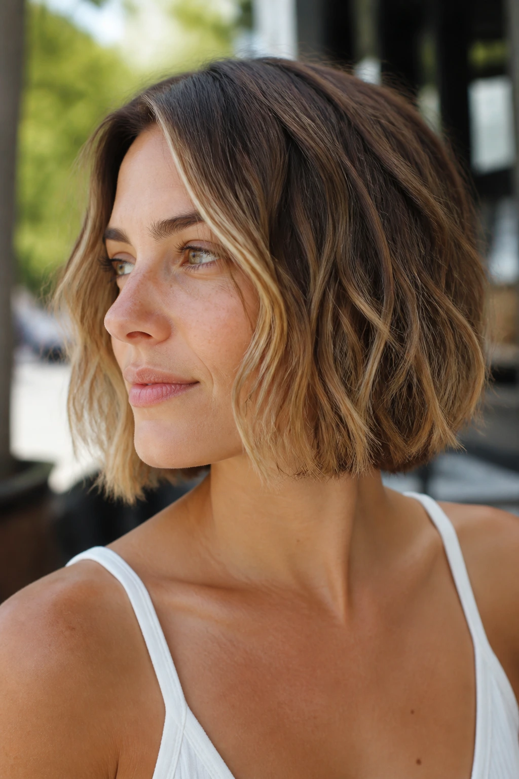 Close-up portrait of a real woman with a beachy, low-maintenance bob and loose waves